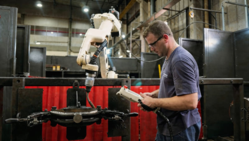 soldador com 20 anos de experiência assume um robô de solda