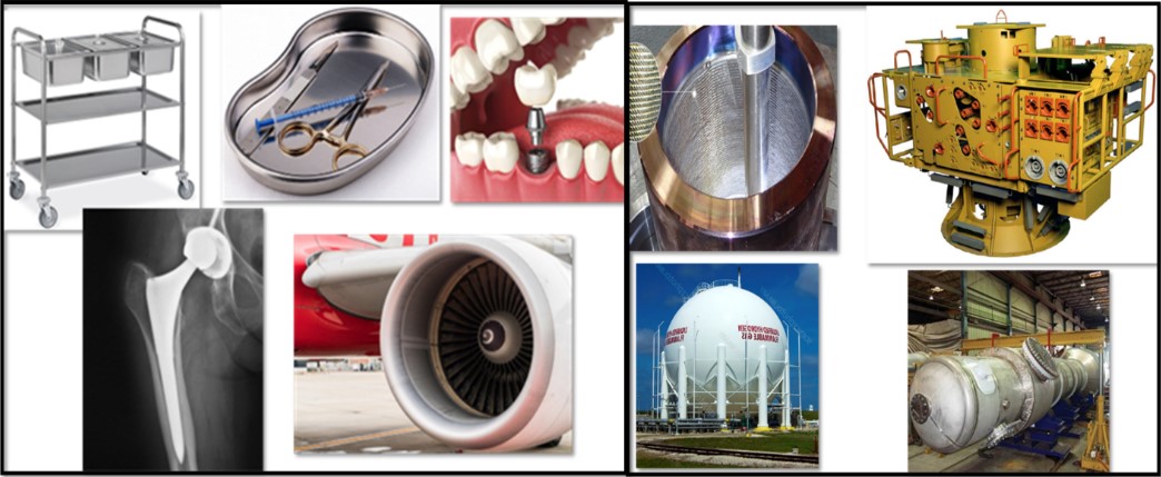 Exemplos de componentes e conjuntos soldados com metal de base em aço inoxidável